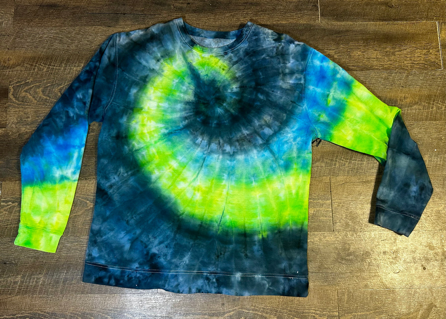 Large Lime Green/Electric Blue/Black Spiral Crewneck Sweatshirt