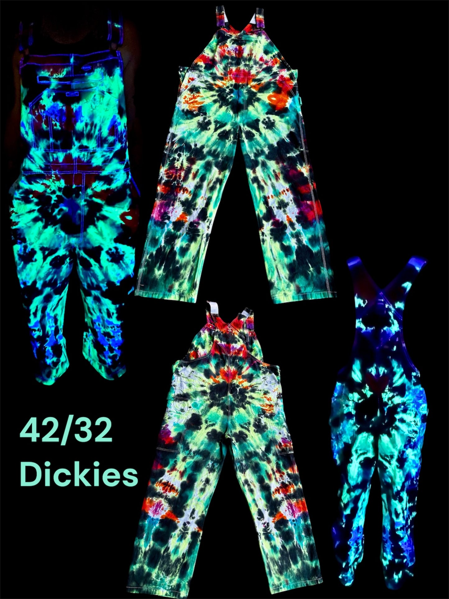 42x32 Bioluminescent Burst Dickies Tie Dye Bib Overslls *UV Reactive*