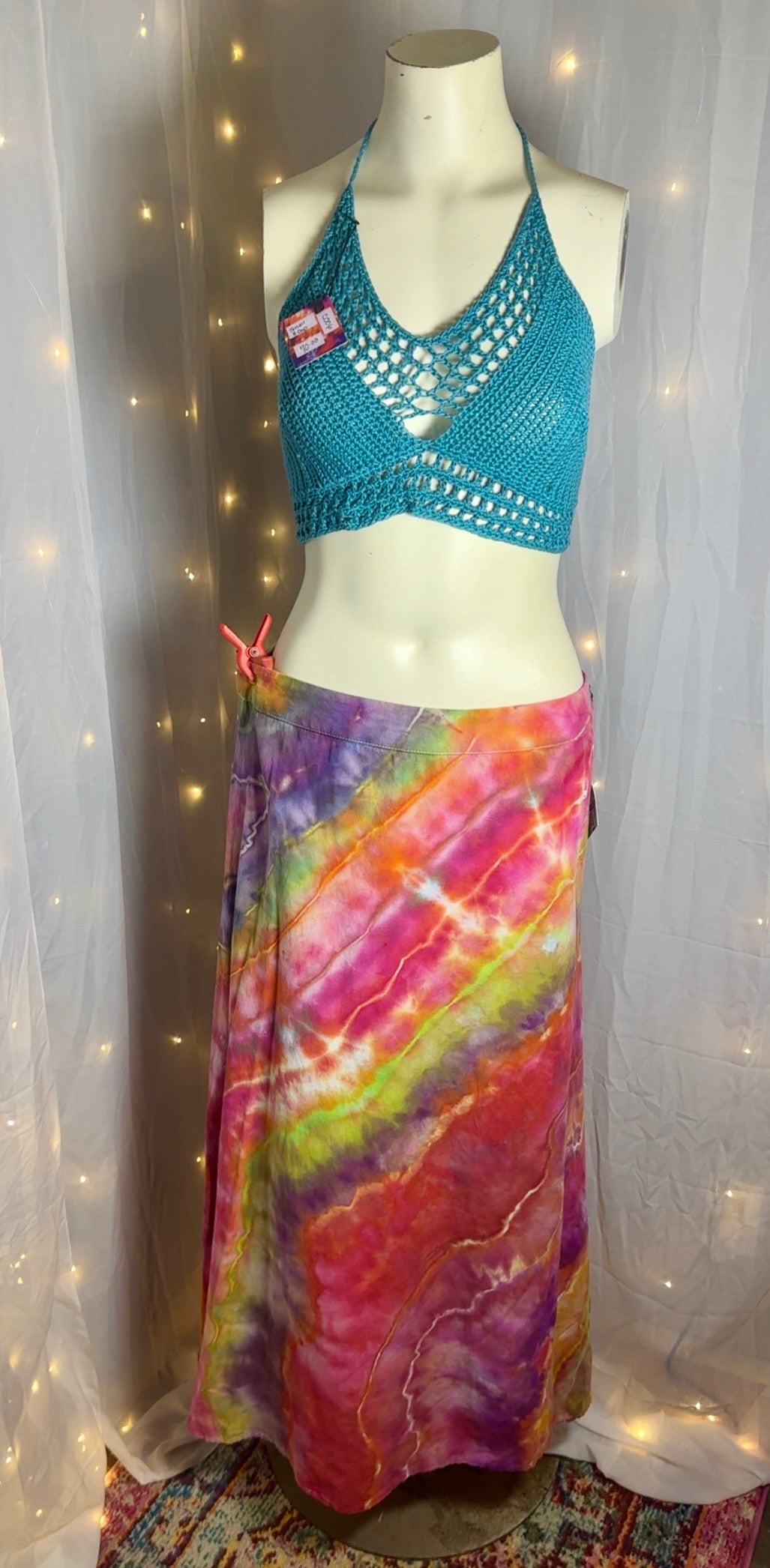 Prismatic Trippy Rainbow Maxi Skirt + WillowNic’s Teal Caged Crochet Top