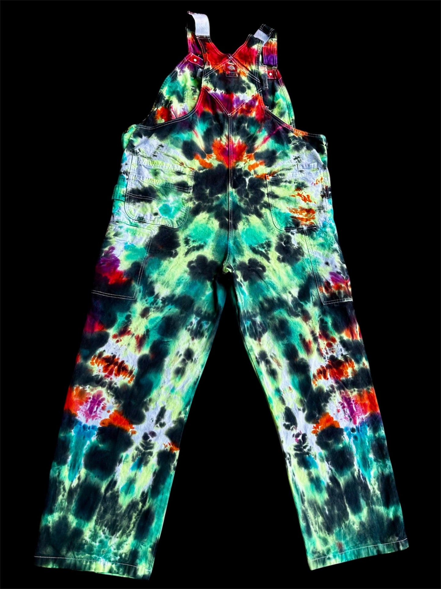 42x32 Bioluminescent Burst Dickies Tie Dye Bib Overslls *UV Reactive*