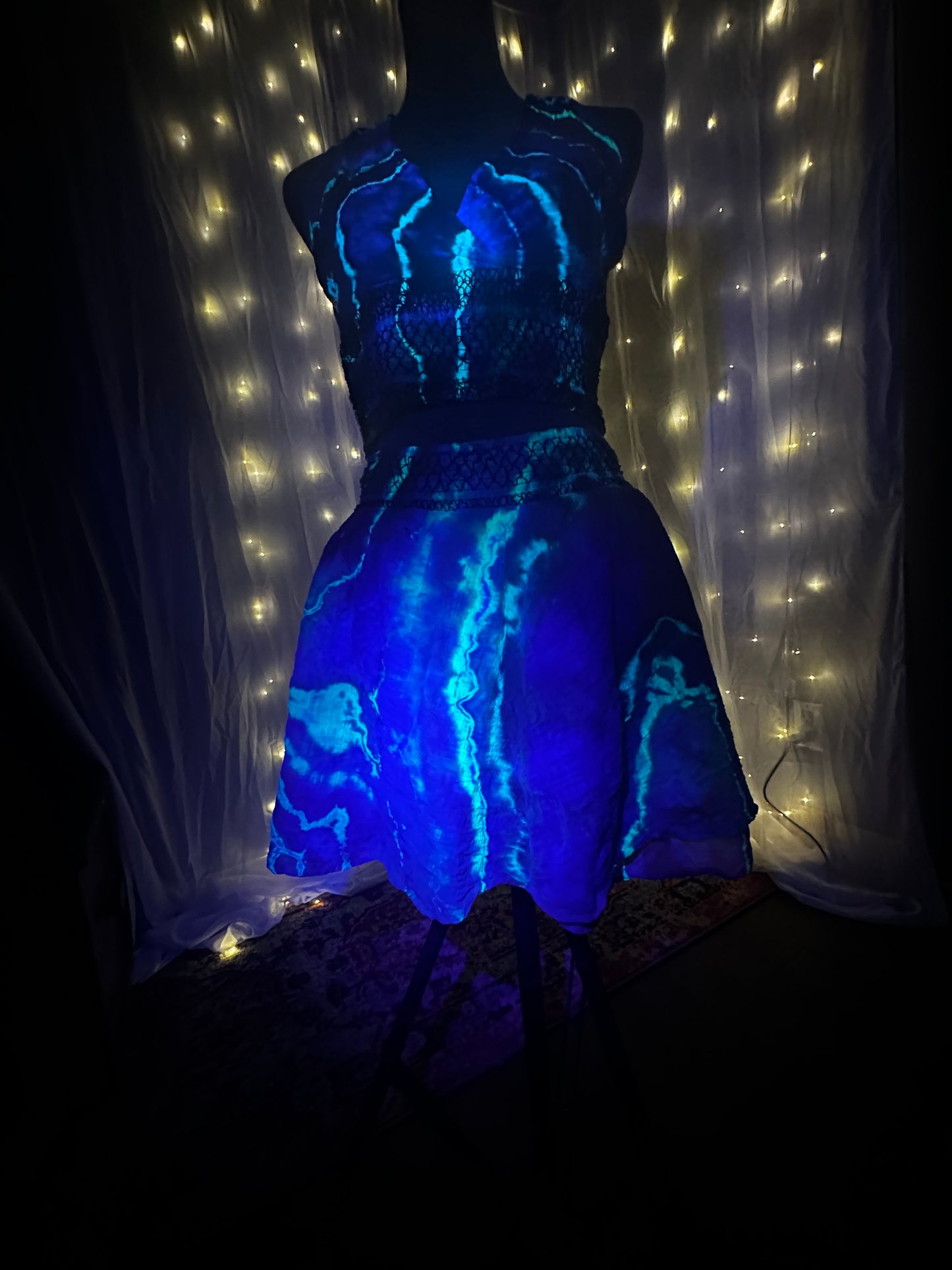 XL Radiant Geode Glow *UV REACTIVE* 2 piece Rave wear/Set with mini skirt & halter top