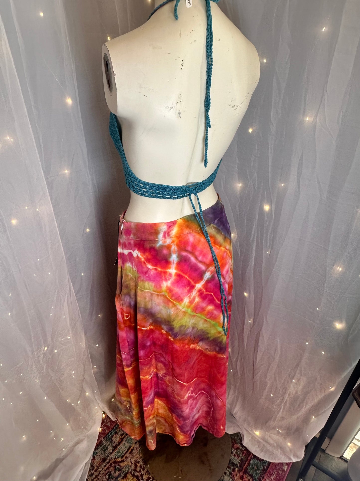 Prismatic Trippy Rainbow Maxi Skirt + WillowNic’s Teal Caged Crochet Top