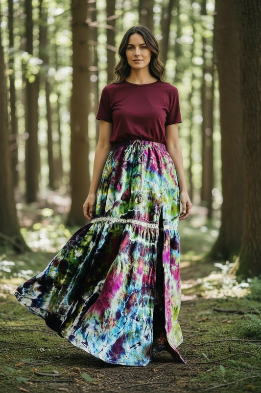 Large Flowy Geode Warrior Princess Ice Dye Skirt with Slit