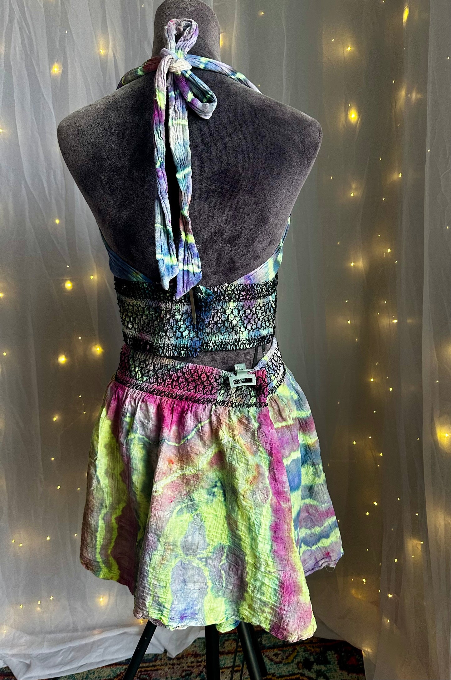 XL Radiant Geode Glow *UV REACTIVE* 2 piece Rave wear/Set with mini skirt & halter top