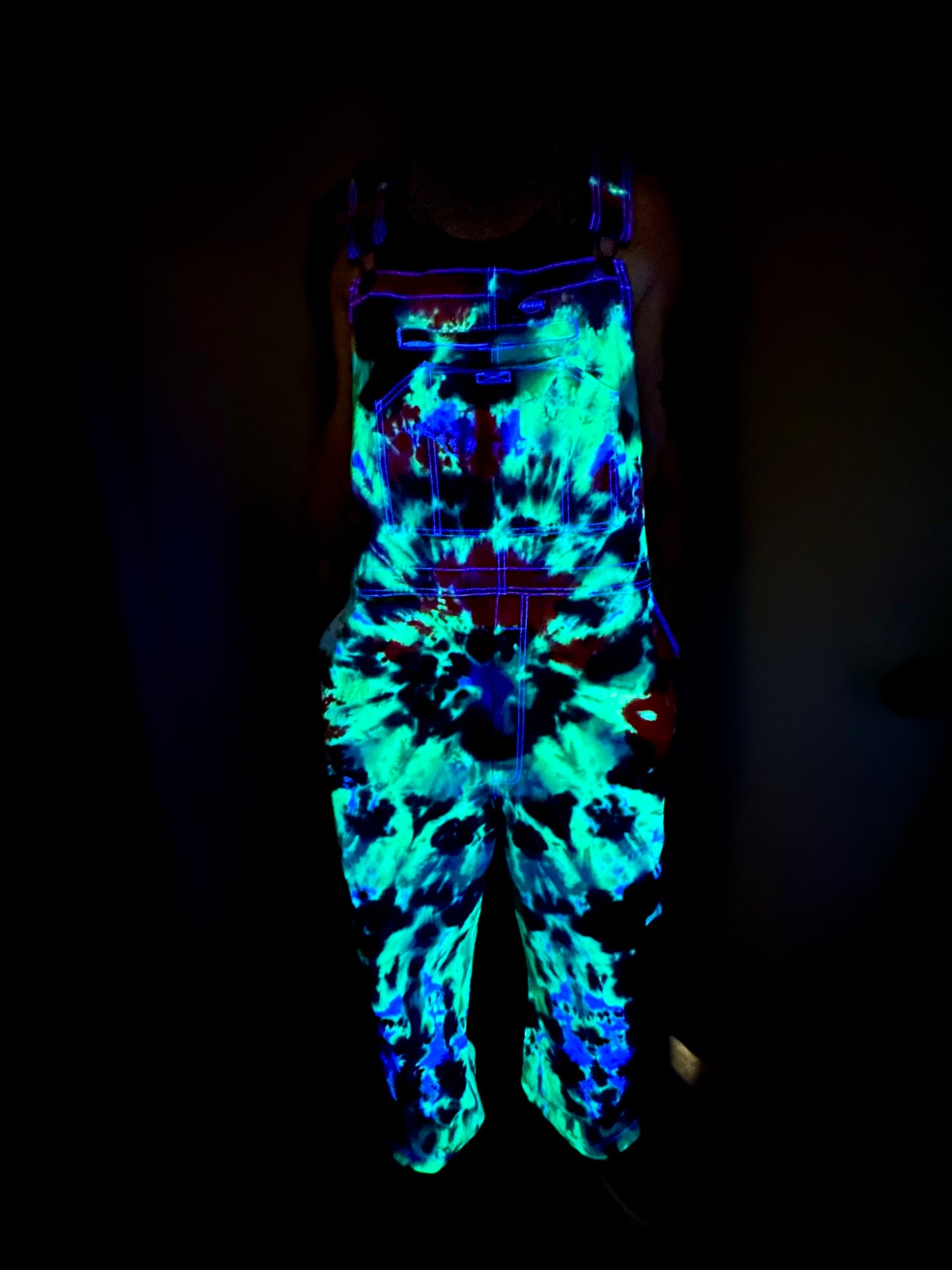 42x32 Bioluminescent Burst Dickies Tie Dye Bib Overslls *UV Reactive*