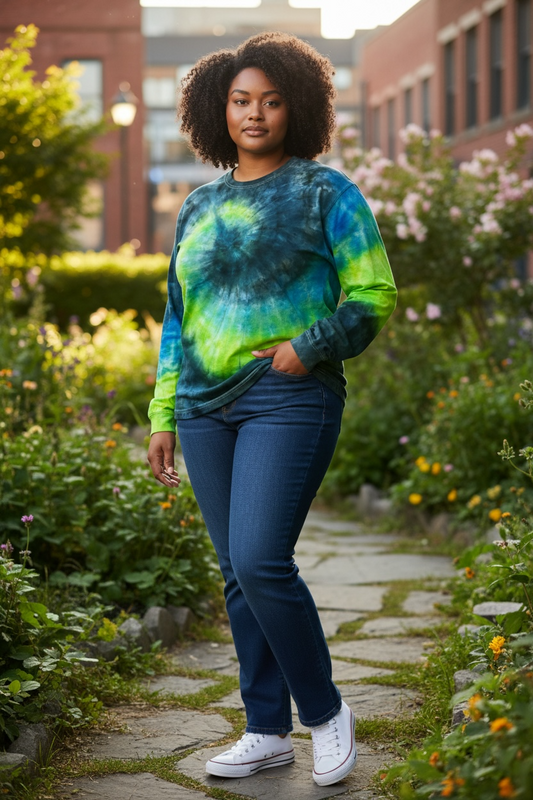 Large Lime Green/Electric Blue/Black Spiral Crewneck Sweatshirt