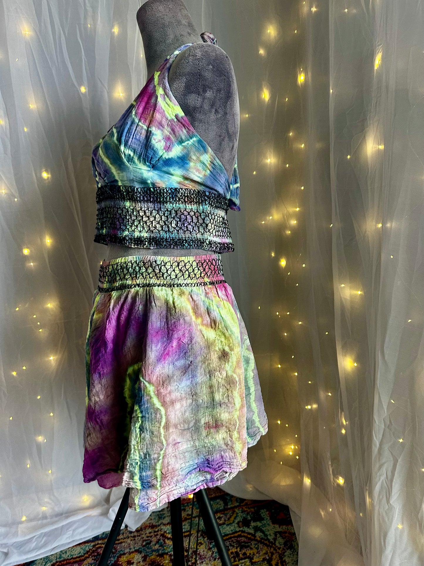 XL Radiant Geode Glow *UV REACTIVE* 2 piece Rave wear/Set with mini skirt & halter top