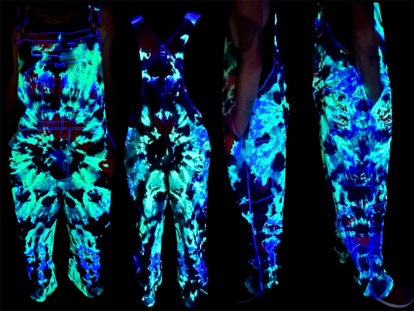 42x32 Bioluminescent Burst Dickies Tie Dye Bib Overslls *UV Reactive*