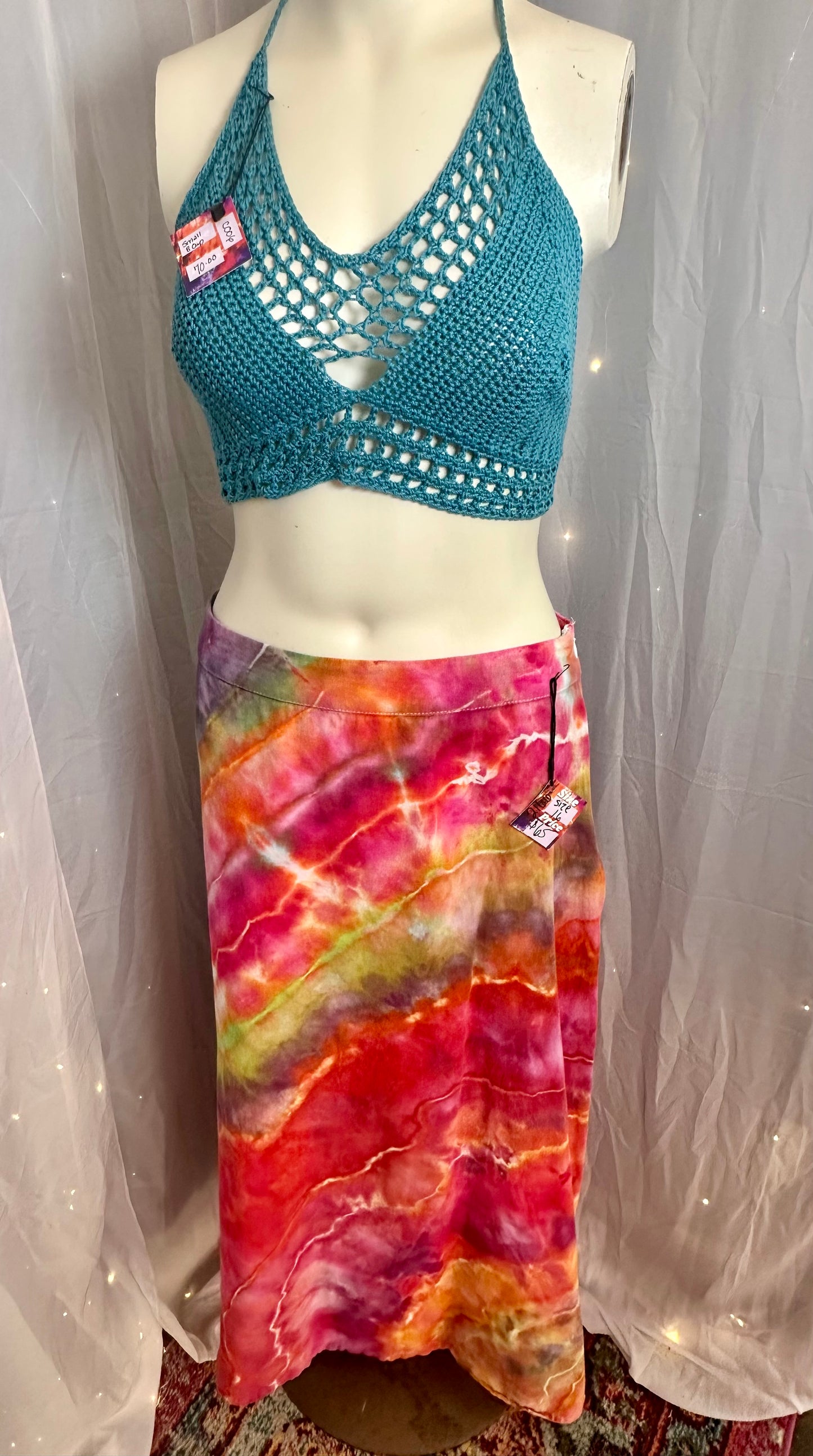 Prismatic Trippy Rainbow Maxi Skirt + WillowNic’s Teal Caged Crochet Top