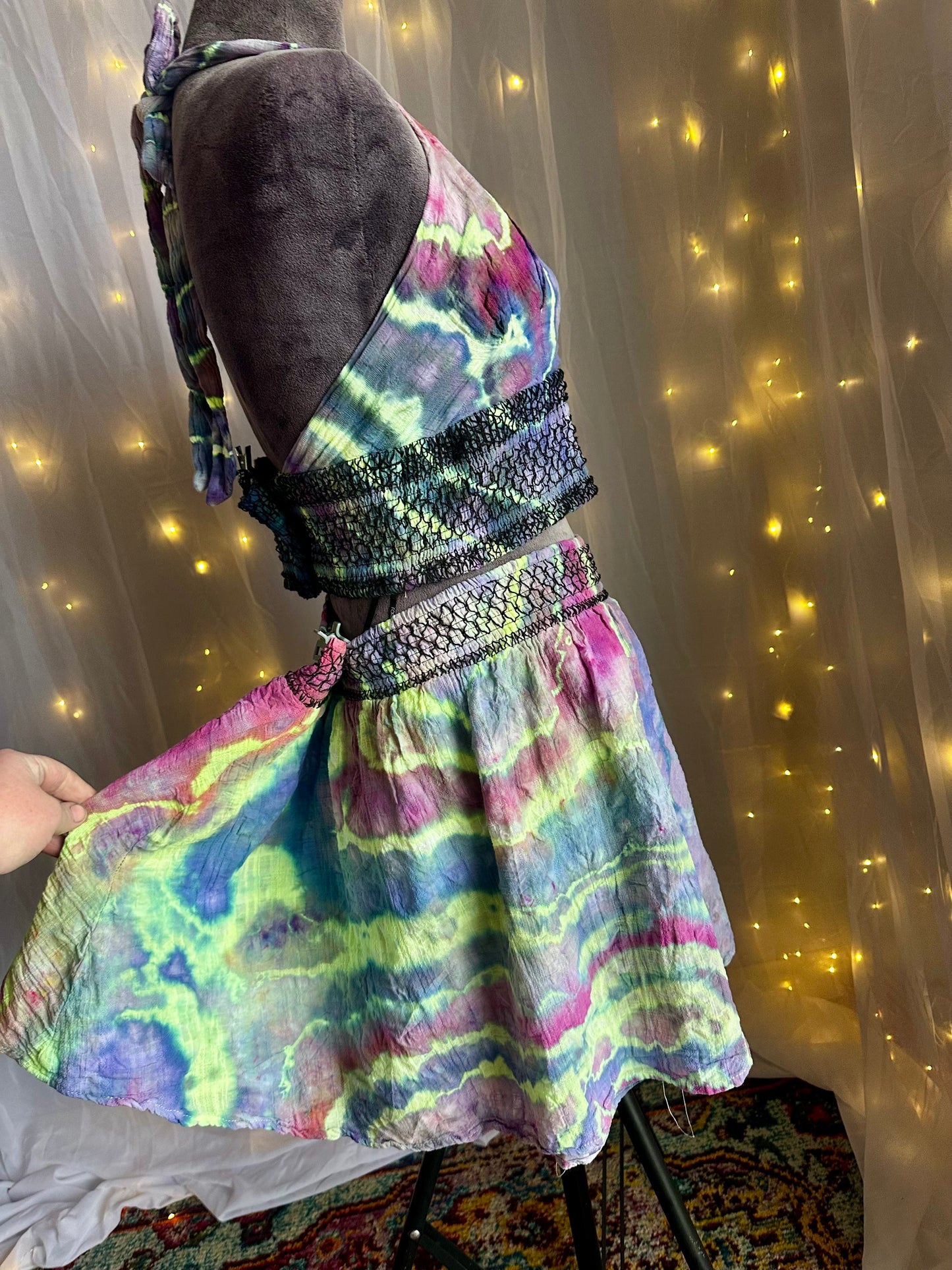 XL Radiant Geode Glow *UV REACTIVE* 2 piece Rave wear/Set with mini skirt & halter top