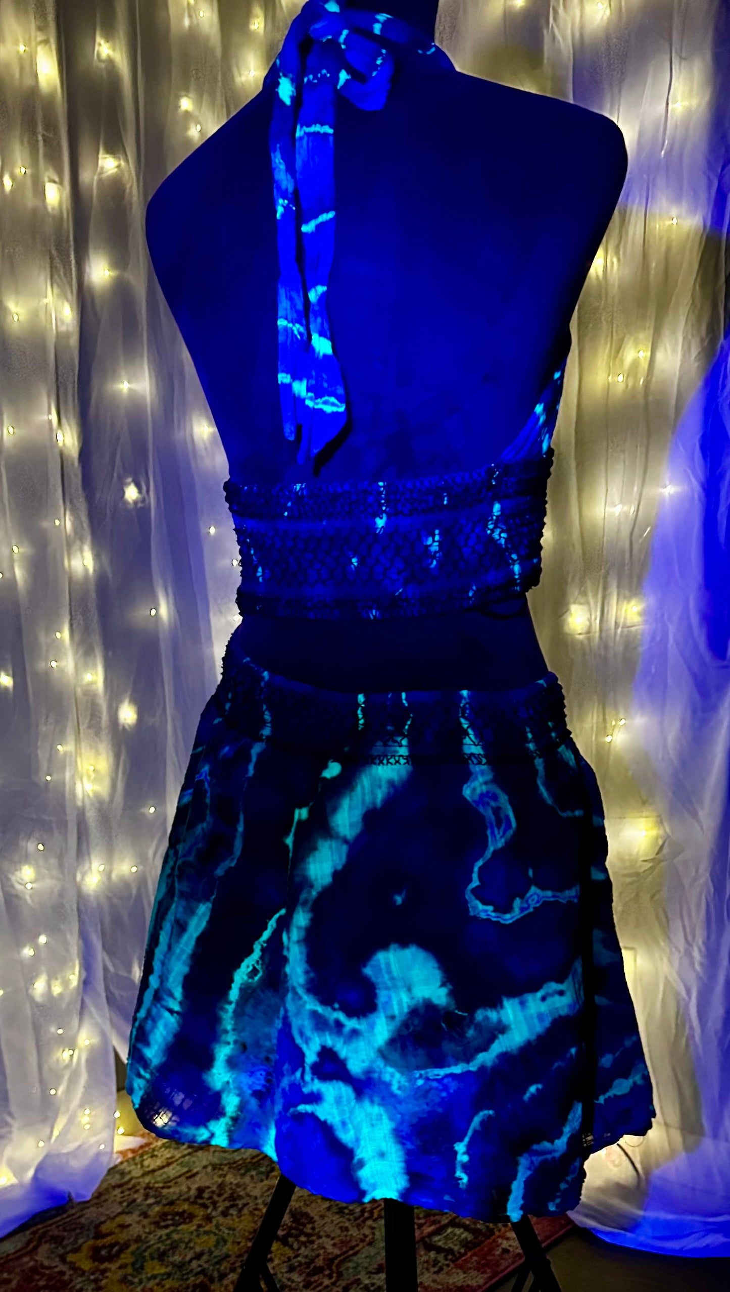 XL Radiant Geode Glow *UV REACTIVE* 2 piece Rave wear/Set with mini skirt & halter top