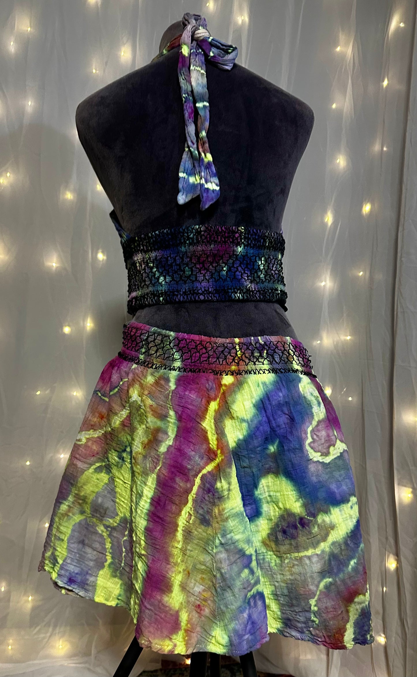 XL Radiant Geode Glow *UV REACTIVE* 2 piece Rave wear/Set with mini skirt & halter top