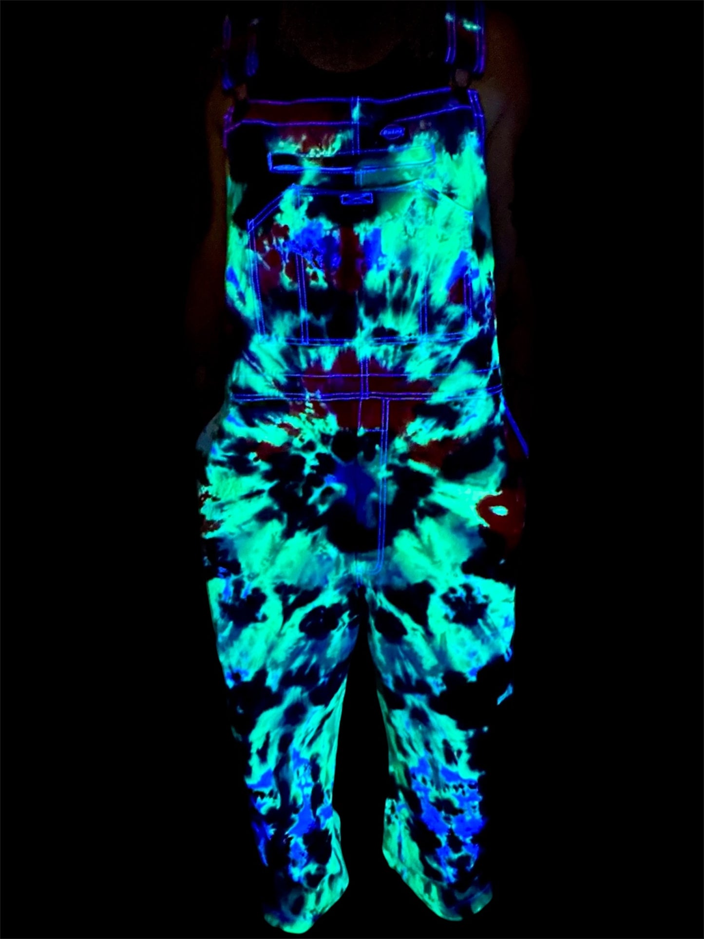 42x32 Bioluminescent Burst Dickies Tie Dye Bib Overslls *UV Reactive*