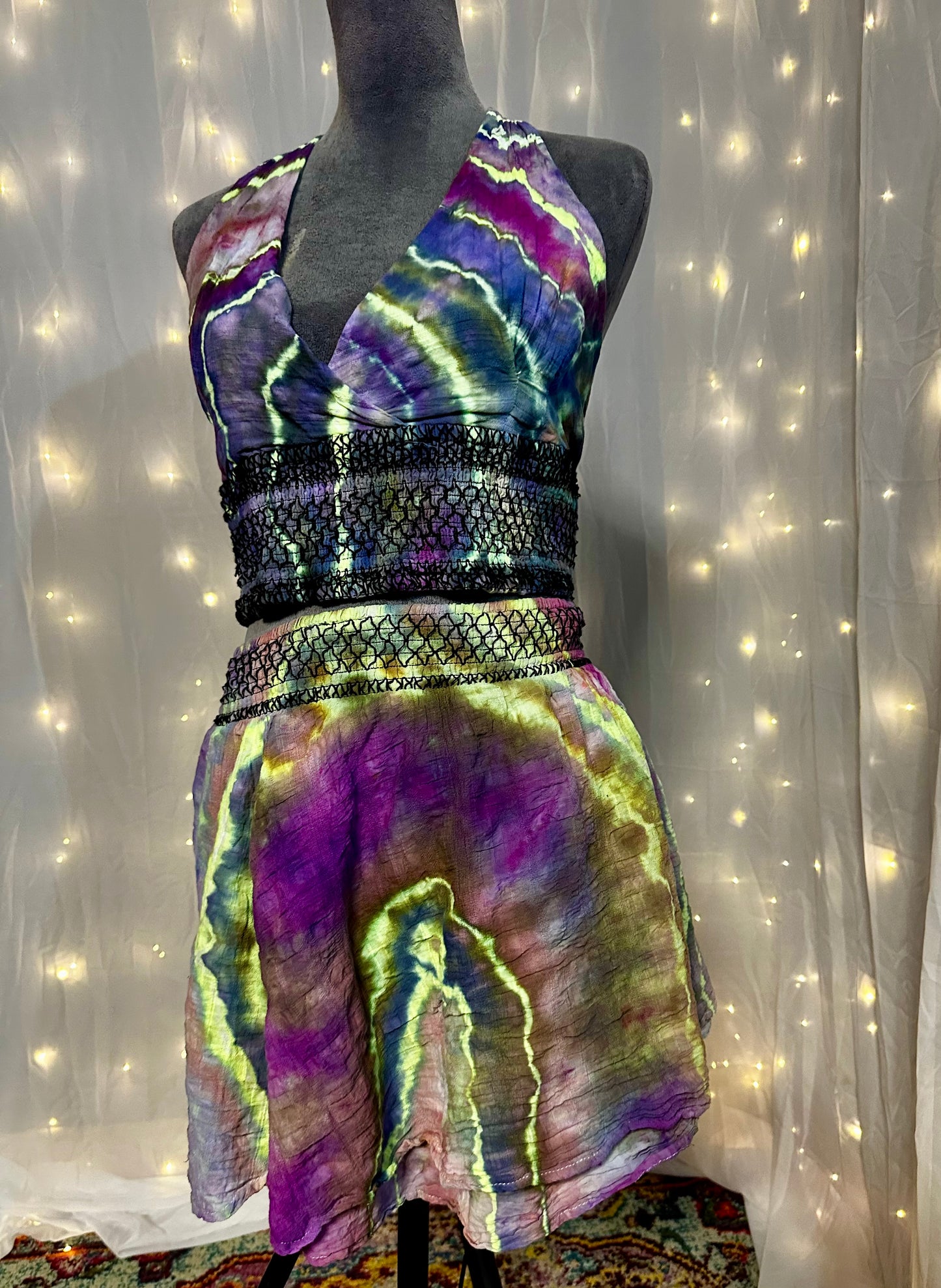 XL Radiant Geode Glow *UV REACTIVE* 2 piece Rave wear/Set with mini skirt & halter top