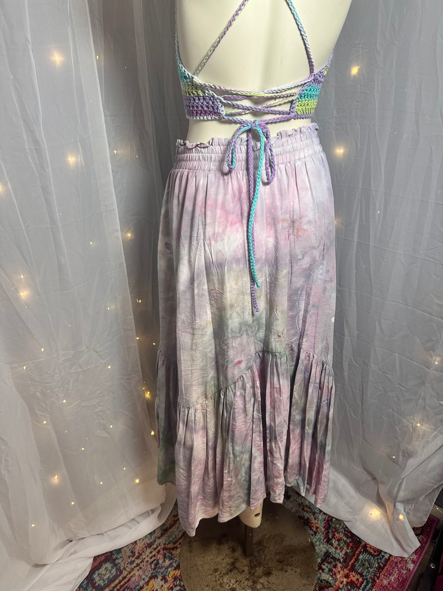 2X Enchanted Fairy Garden Renaissance Flowy Skirt with Pockets + S/M Valire Crochet Corset Top