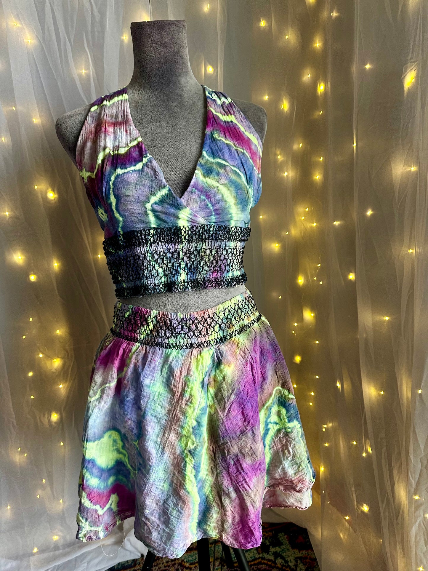 XL Radiant Geode Glow *UV REACTIVE* 2 piece Rave wear/Set with mini skirt & halter top