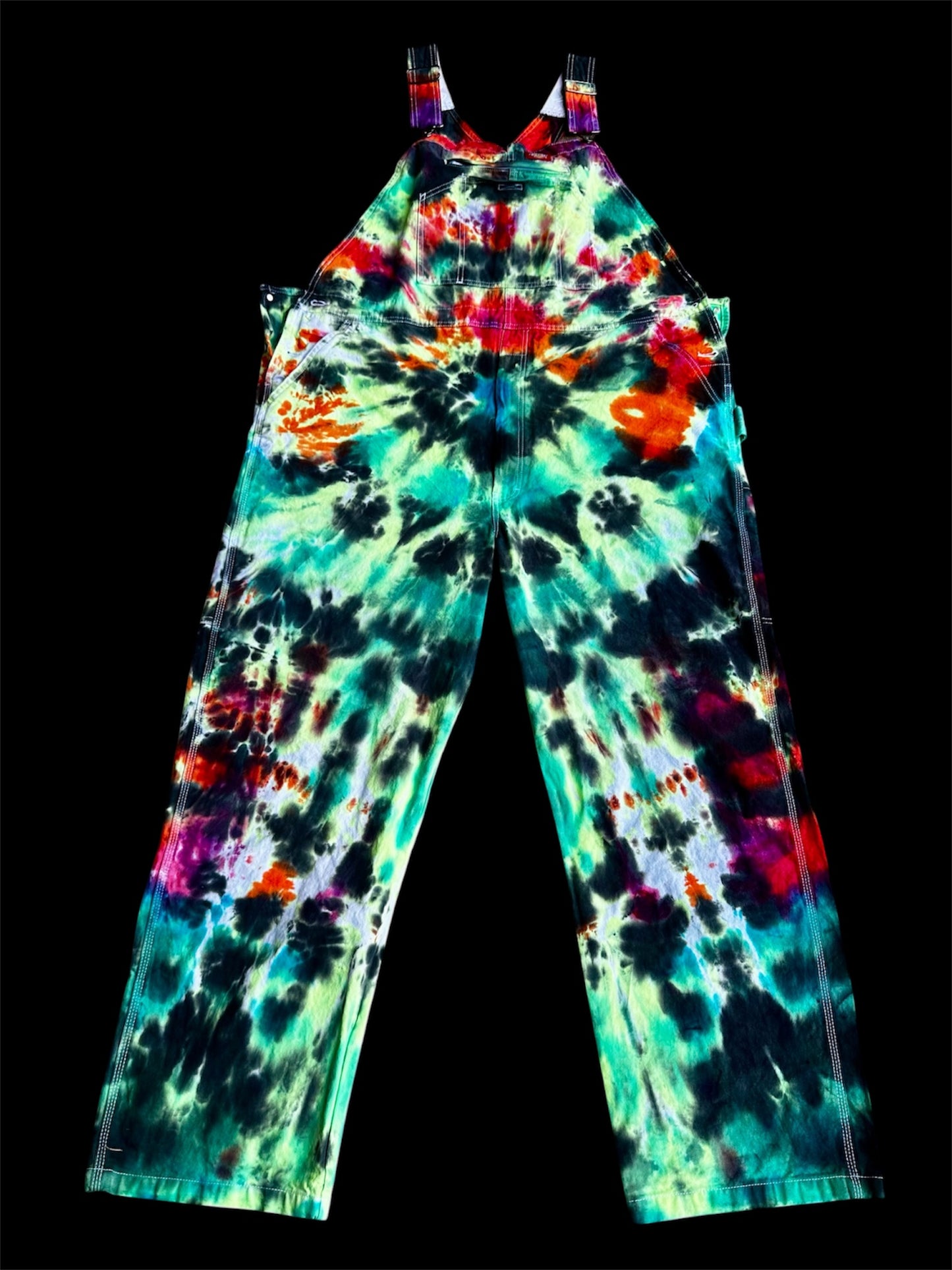 42x32 Bioluminescent Burst Dickies Tie Dye Bib Overslls *UV Reactive*