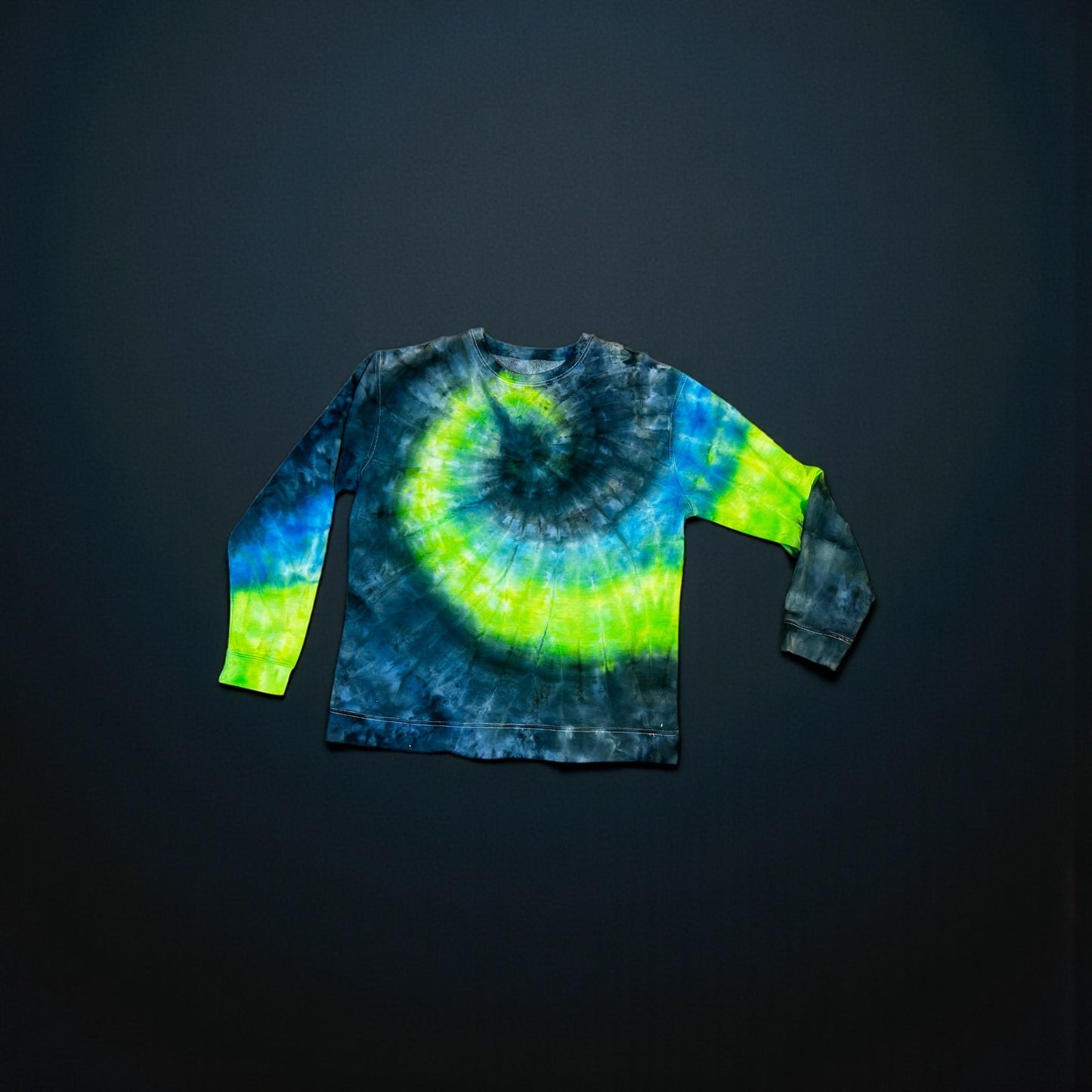 Large Lime Green/Electric Blue/Black Spiral Crewneck Sweatshirt