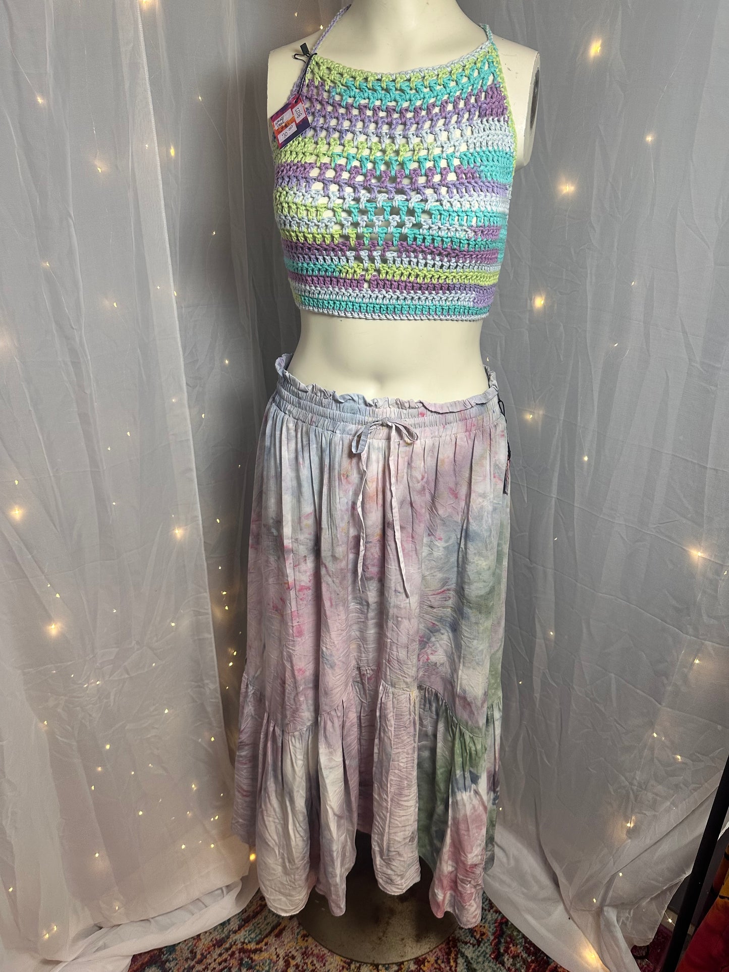 2X Enchanted Fairy Garden Renaissance Flowy Skirt with Pockets + S/M Valire Crochet Corset Top