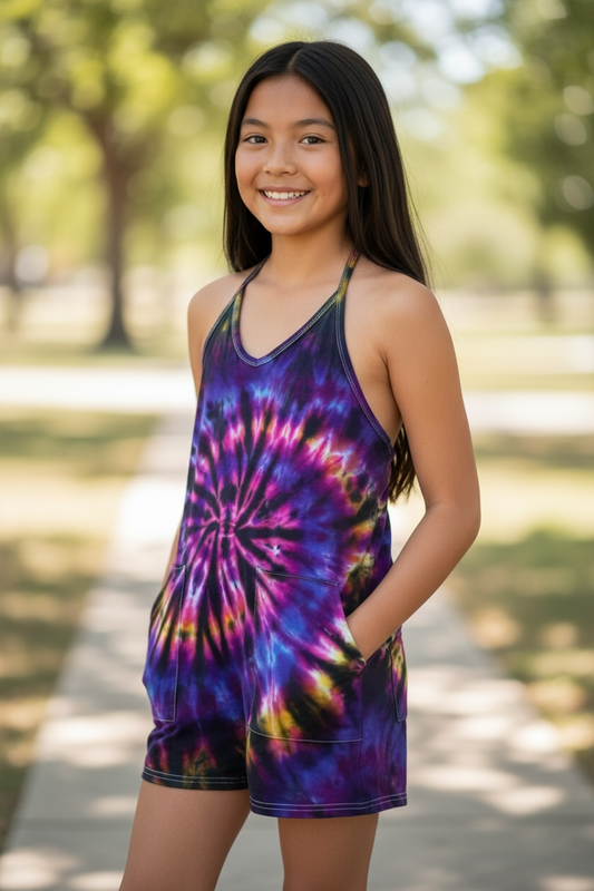 Youth Medium (9/10 yo) Electric Sunset Spiral Romper