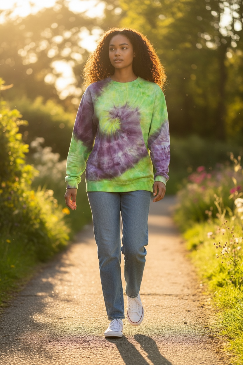 Small “unisex” purple/lime green spiral crewneck sweatshirt