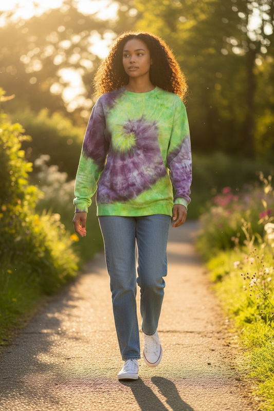 Small “unisex” purple/lime green spiral crewneck sweatshirt