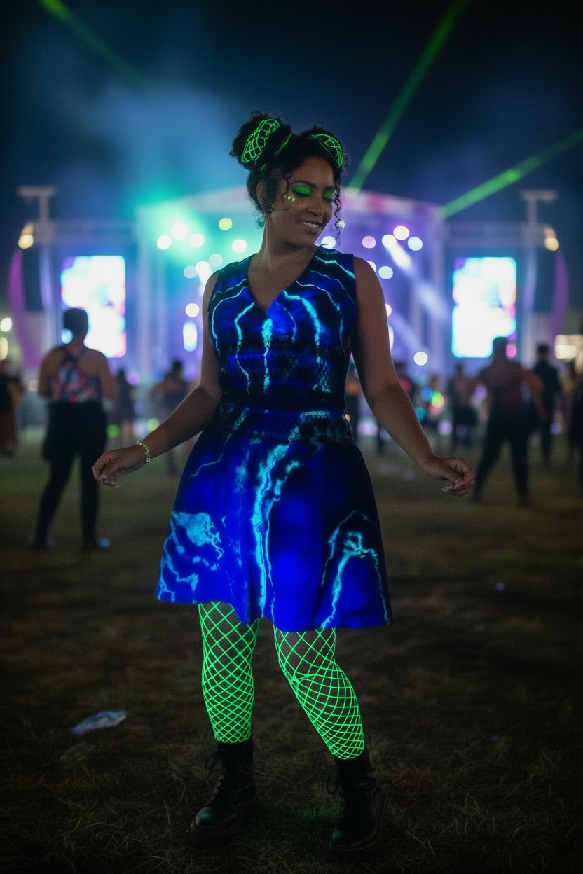 XL Radiant Geode Glow *UV REACTIVE* 2 piece Rave wear/Set with mini skirt & halter top