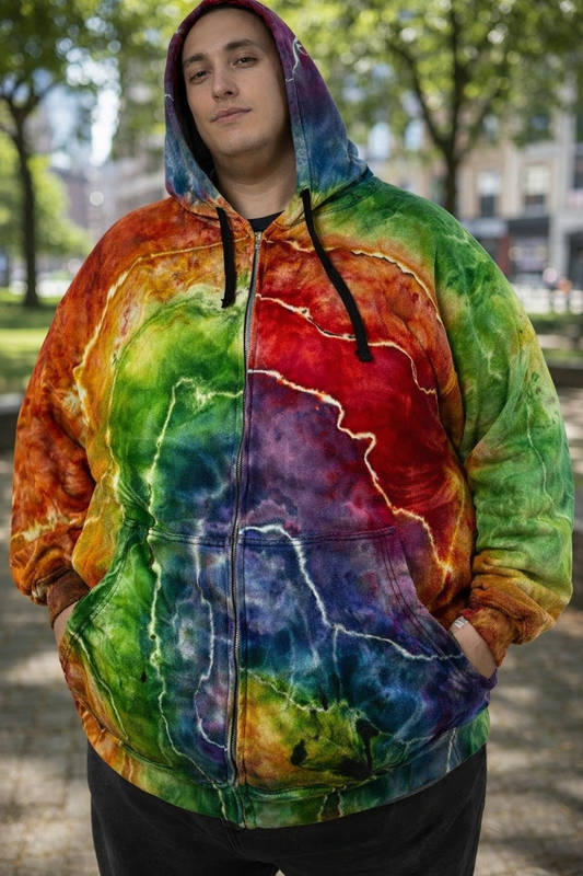 4XL Reverse Dyed Rustic Rainbow Geode Zip Up Hoodie