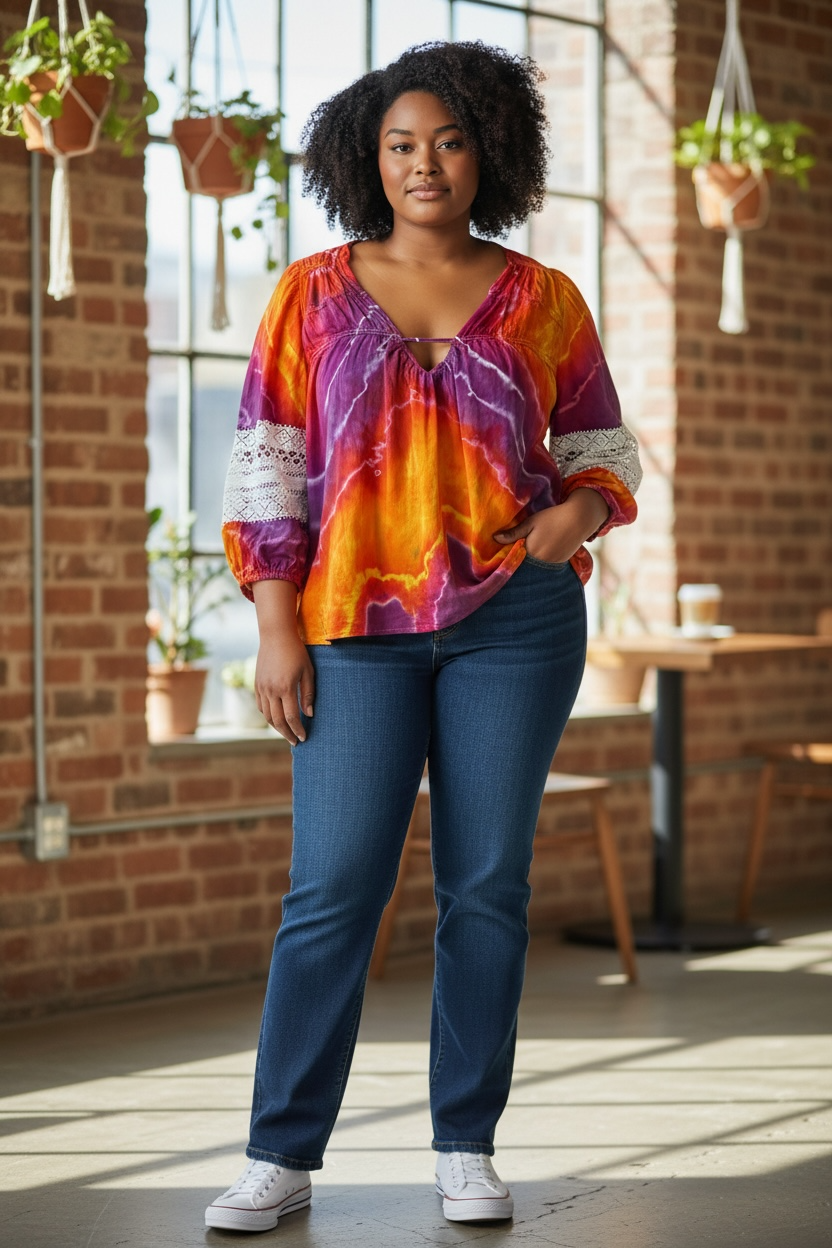 2X Sunset Crush Lantern Sleeve V-Neck Top